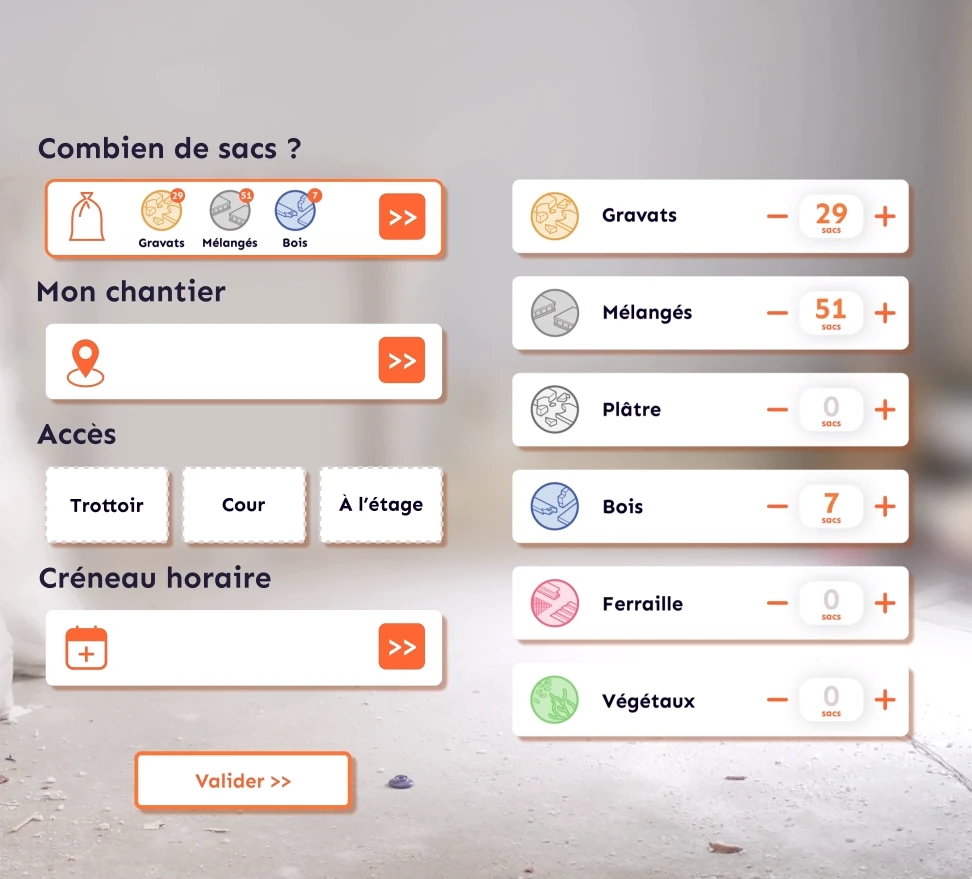 Écran de l'application Les Ripeurs demandant le nombre de sacs par type de déchet